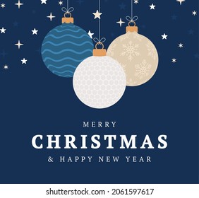 Tarjeta de felicitación de navidad de golf. Feliz Navidad y Feliz Año Nuevo caricatura plana Cartel deportivo. bola de golf como bola de Navidad en segundo plano. Ilustración vectorial.