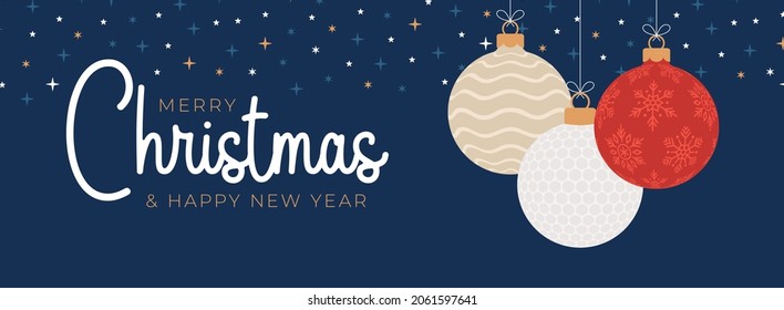 Golf christmas greeting card. Merry Christmas and Happy New Year flat cartoon Sports banner. golf ball as a xmas ball on background. Vector illustration.