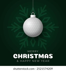 golf Christmas Greeting card. Merry Christmas and happy new year sport greeting card. Hang on a thread green and red xmas ball bauble on green on background. Sport Vector illustration.