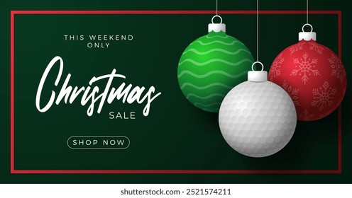 golf Christmas Greeting card. Merry Christmas and happy new year sport greeting card. Hang on a thread green and red xmas ball bauble on green on background. Sport Vector illustration.