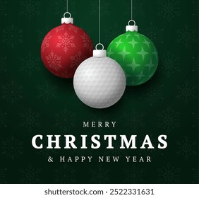 golf Christmas Greeting card. Merry Christmas and happy new year sport greeting card. Hang on a thread green and red xmas ball bauble on green on background. Sport Vector illustration.