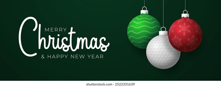 golf Christmas Greeting card. Merry Christmas and happy new year sport greeting card. Hang on a thread green and red xmas ball bauble on green on background. Sport Vector illustration.