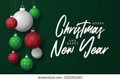 golf Christmas Greeting card. Merry Christmas and happy new year sport greeting card. Hang on a thread green and red xmas ball bauble on green on background. Sport Vector illustration.