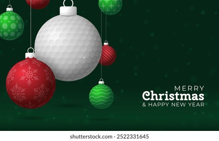 golf Christmas Greeting card. Merry Christmas and happy new year sport greeting card. Hang on a thread green and red xmas ball bauble on green on background. Sport Vector illustration.