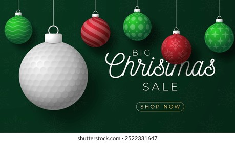 golf Christmas Greeting card. Merry Christmas and happy new year sport greeting card. Hang on a thread green and red xmas ball bauble on green on background. Sport Vector illustration.