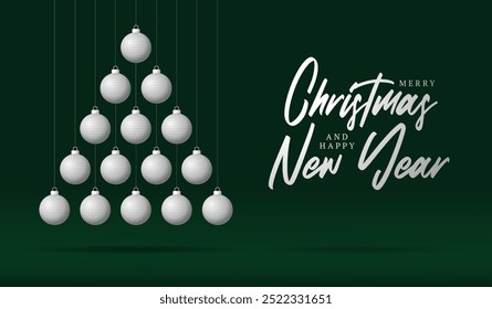 golf Christmas Greeting card. Merry Christmas and happy new year sport greeting card. Hang on a thread green and red xmas ball bauble on green on background. Sport Vector illustration.