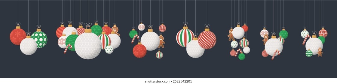 golf Christmas Greeting grainy ball set. Group of Merry Christmas and happy new year sport retro Hang on a thread xmas ball bauble with grainy noise.