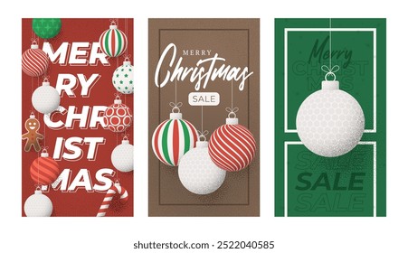 golf Christmas Greeting grainy card set. Vertical Merry Christmas and happy new year sport retro greeting card. Hang on a thread xmas ball bauble on noise stipple background..