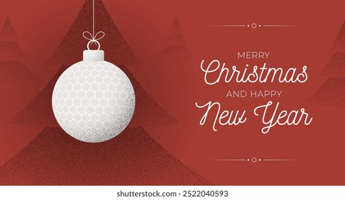 golf Christmas Greeting grainy card. Merry Christmas and happy new year sport retro greeting card. Hang on a thread xmas ball bauble on noise red stipple background..