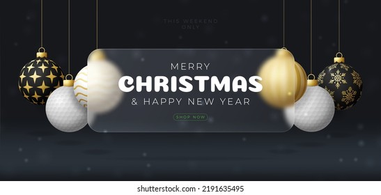 Golf Christmas sale banner or greeting card. Merry Christmas and happy new year sport banner with glassmorphism or glass-morphism blur effect. Realistic vector illustration.