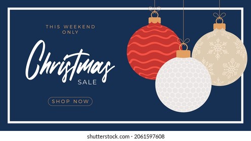 Golf christmas sale banner. Merry Christmas and Happy New Year flat cartoon Sports banner. golf ball as a xmas ball on background. Vector illustration.