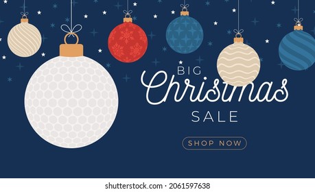 Golf christmas sale banner. Merry Christmas and Happy New Year flat cartoon Sports banner. golf ball as a xmas ball on background. Vector illustration.