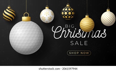 golf Christmas sale banner. Merry Christmas sport greeting card. Hang on a thread golf ball as a xmas ball and golden bauble on black horizontal background. Sport Vector illustration.