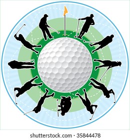 Golf clock with golfing people silhouettes as numbers of hours.