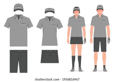 Golf clothes. Men's and women's t-shirt design template, cap and shorts. Sports uniform