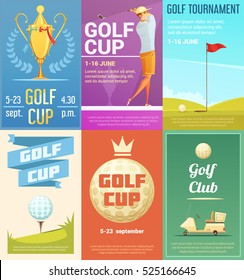 Clube de golfe anúncio coleção de cartazes estilo retro com copo de ouro vencedor do torneio troféu desenho animado isolado vetorial ilustração