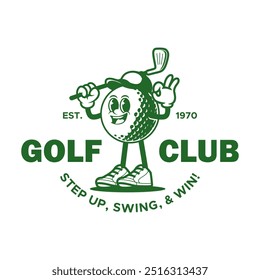 Insignia del club de golf con carácter alegre de la pelota de golf