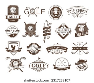 Golf club badges. Game course emblem, golf ball silhouette label and sport lifestyle vector illustration set. Tournament with equipment and trophy. Shield with player participating in championship