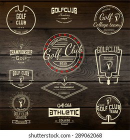 Golf club badges logos and labels for any use. On wooden texture