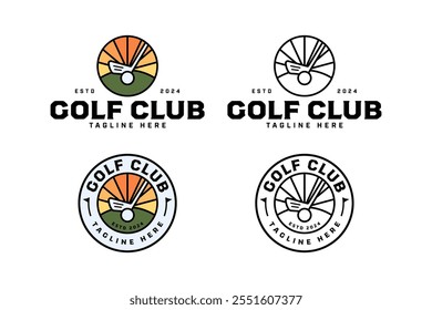 golf club, ball, course with sunset line art illustration logo design. golf club, ball, field with sunset, sunburst circle badge logo design set for golfer, golf club sport and tournament