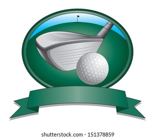 Golf Club and Ball Design is an illustration of a golf club and golf ball with a green background with flag and blue sky. Also has a banner for your text.