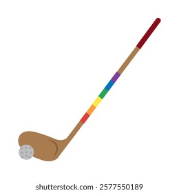 A golf club and ball featuring rainbow pride colors