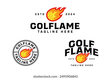 golf club with ball and flame logo design for golfer and tournament.  golf professional with ball and fire shot sign symbol modern logo. golf sport emblem badge logo illustration