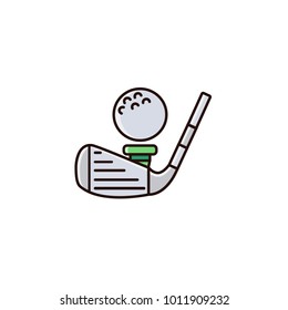 Golf club with ball - flat color line icon, sign, symbol, image, illustration on isolated background.