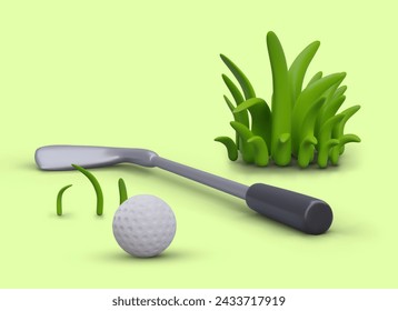 Club de golf y pelota, hierba verde sobre fondo amarillo. Escena realista, deporte moderno