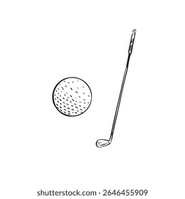 Golfe clube e bola de golfe mão desenhado em preto e branco. Equipamento desportivo.
