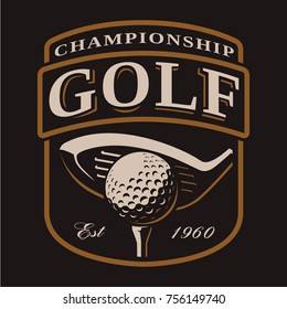 Golf club and ball logo on dark background. All elements, text are on the separate layer.