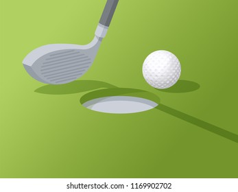 Golf club and ball on green grass background. Vector flat illustration.