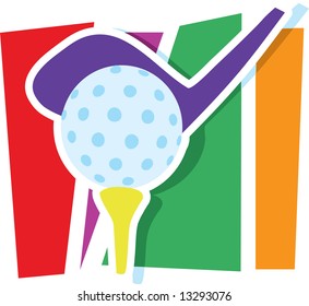 A golf club and ball on a stylized striped background