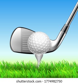 Golf Club And Ball On Tee Play Equipment Vector. Golf Game Playing Tools On Green Grass Field. Golfing Competition And Recreational Leisure Active Time On Meadow Realistic 3d Illustration