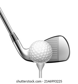 Golf Club And Ball On Tee Sport Equipment Vector. Iron Golf Club And Sphere Player Accessories For Playing On Field. Metallic Tool For Active Recreation Time Outside Template Realistic 3d Illustration