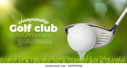 Golf club and ball tee on grass field, vector sport tournament poster background. Golf championship or team competition event banner with golf ball and stick on green putter field background - Shutterstock ID 2059949102