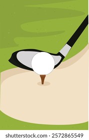 Golf club and ball tee on grass field, ilustrasi