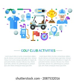 Golf club banner or header template in flat style. Golfing icons concept background with ball, golfer, bag, umbrella and other elements and accessories.