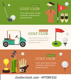 Golf Club Banner Horizontal Set Flat Design Style. Vector illustration of Golf Equipment Sport Game for golf's club banners. Vector illustration of golfing icon set