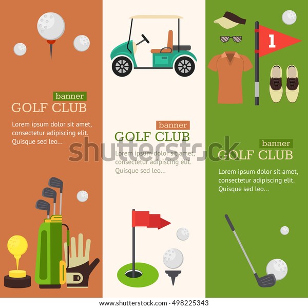 Golf Club Banner\
Vertical Set Flat Design Style. Vector illustration of Golf\
Equipment Sport Game for golf\'s club banners. Vector illustration\
of golfing icon set