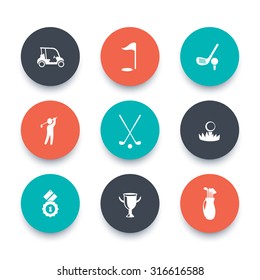 Golf, golf club, car, golfer, round icons, vector illustration, eps10, easy to edit