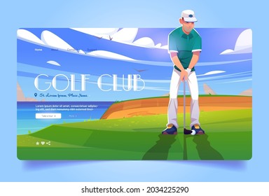 Golf club cartoon landing page. Golfer playing on green field hitting ball on nature course landscape background, seascape view and grass under blue cloudy sky. Sport tournament vector web banner