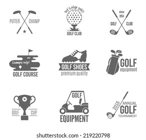 Golf club championship and accessories label black set isolated vector illustration