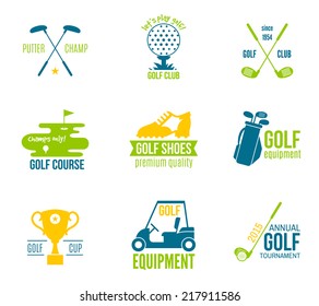 Golf club championship and equipment label colored set isolated vector illustration