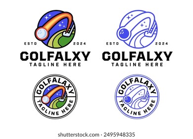 golf club with comet, ball, golf course in galaxy logo design for golfer and tournament.  golf professional in space sign symbol modern logo. set of golf sport emblem badge logo illustration