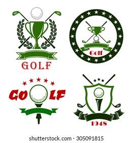 Golf club or competition symbols and icons with balls, clubs, tees, trophy cups, heraldic shield, laurel wreath, stars and ribbon banners