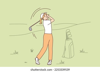 Golf club competition tournament banner. Poster with woman plying golf game in modern flat style with nature and mountains background. Vector illustration