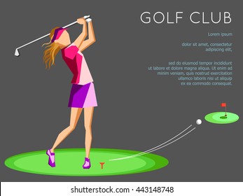 Golf club competition tournament. Poster with girl plying golf game in modern flat style. Vector illustration