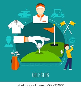 Golf club composition including hand putting ball on tee, players, sports equipment on blue background vector illustration
