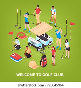 Golf club concept with game and competition symbols isometric vector illustration